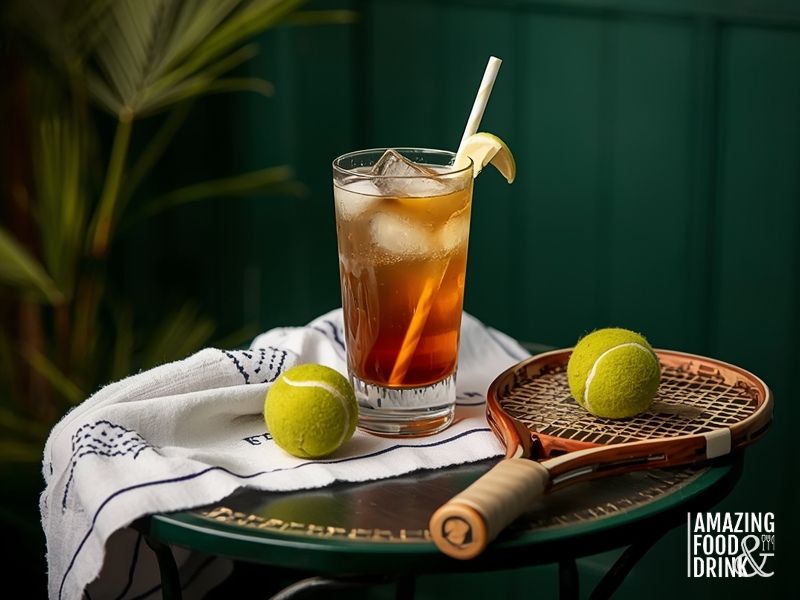 Pimm's Cup served with Wimbledon tennis championship context, featuring tennis balls and traditional British sporting elements