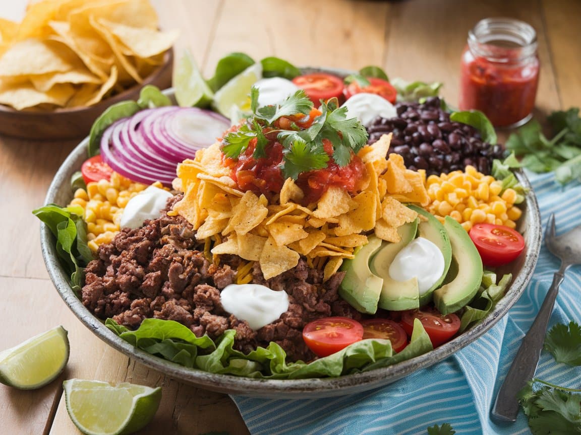 Taco Salad with Ground Beef and Tortilla Chips