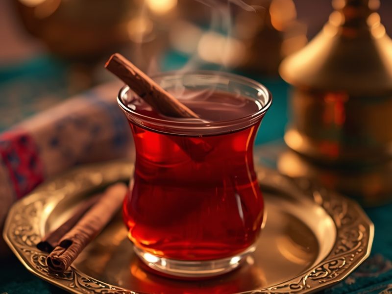Traditional Egyptian Apple Cinnamon Tea in istikana glass with cinnamon stick garnish on brass tray