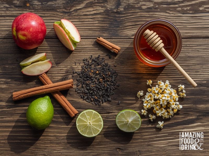 Fresh ingredients for Egyptian Apple Cinnamon Tea including red apple, cinnamon sticks, loose black tea, honey, and chamomile flowers
