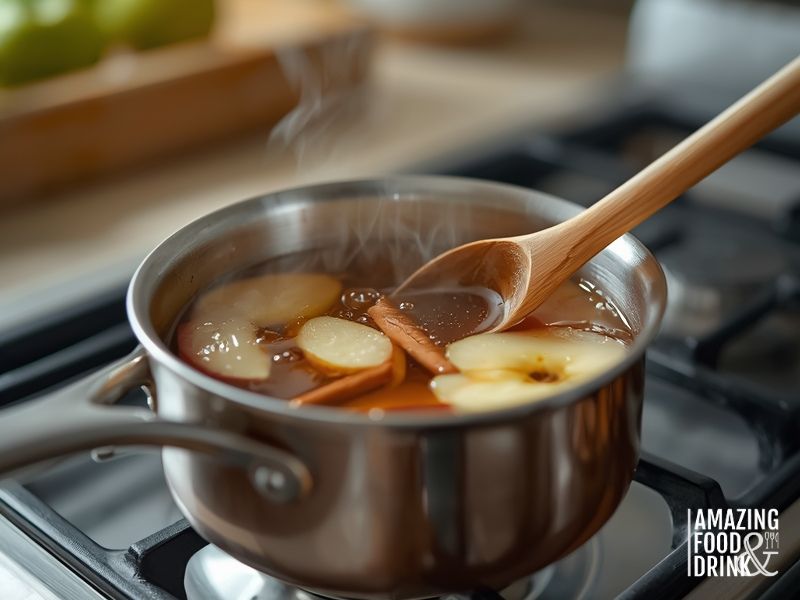 Egyptian Apple Cinnamon Tea simmering in saucepan with apple slices and cinnamon stick visible