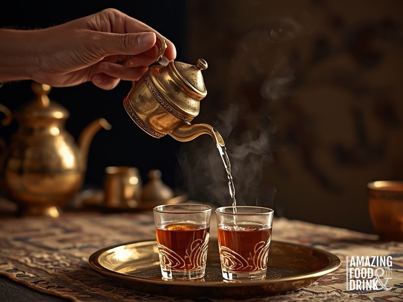 Traditional Egyptian high pour technique with tea streaming from brass pot into istikana glass