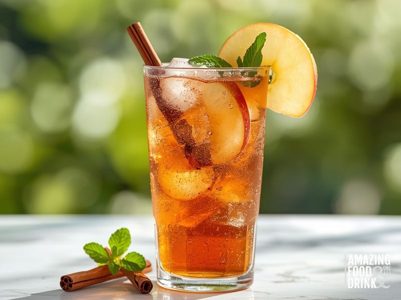 Iced Egyptian Apple Cinnamon Tea in tall glass with ice, apple slices, and cinnamon stick garnish