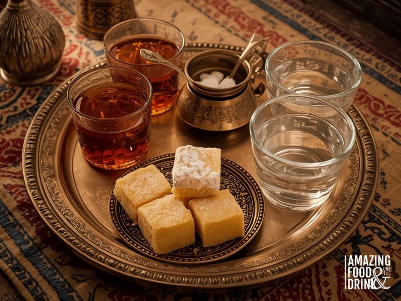 Traditional Egyptian tea service with istikana glasses, sugar bowl, water glasses, and basbousa dessert on brass tray