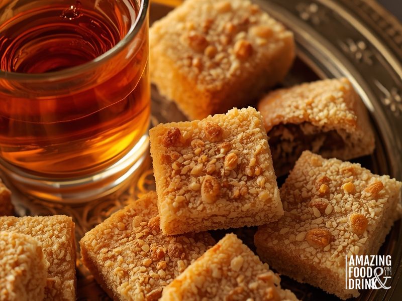 Egyptian Apple Cinnamon Tea served with traditional desserts including basbousa and maamoul cookies