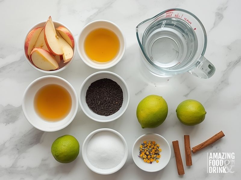 Measured ingredients for Egyptian Apple Cinnamon Tea recipe including sliced apples, tea leaves, and cinnamon sticks