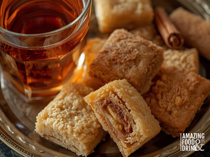 A glass of apple cinnamon tea sits on a metal tray next to assorted flaky pastries, some topped with sesame seeds and filled with nuts.
