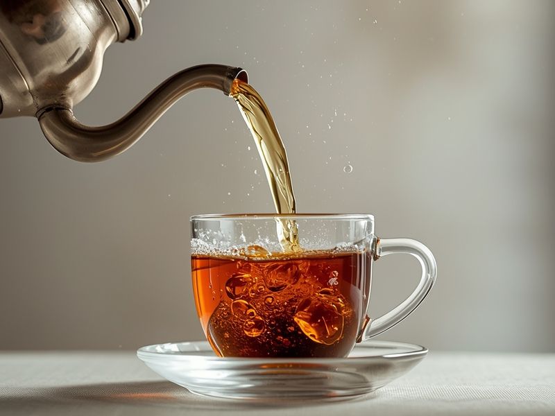 Egyptian Mint Tea being poured from height into clear glass cup showing aeration and foam formation