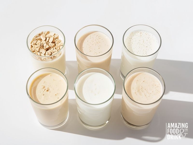 Six glasses displaying different types of plant-based milk showing varying colours and textures including oat, cashew, coconut, almond, soy, and rice milk