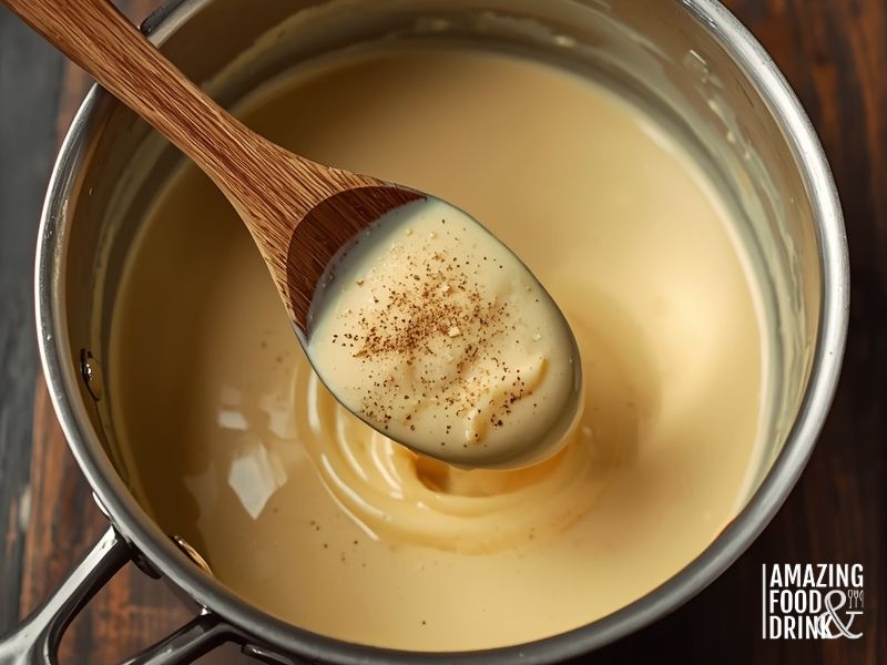 Creamy vegan b&eacute;chamel sauce made with cashew milk in stainless steel pan showing smooth, thick consistency coating wooden spoon