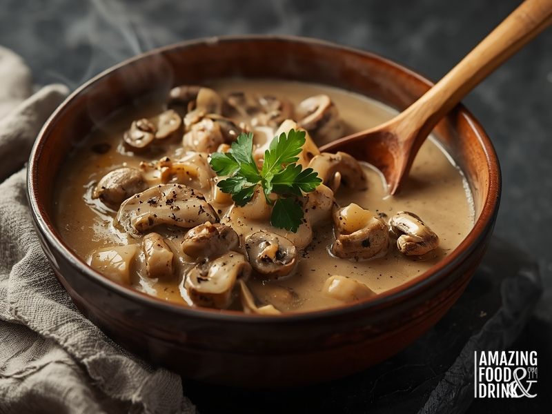 Bowl of creamy mushroom stroganoff made with plant-based cashew cream, garnished with fresh parsley on dark slate surface