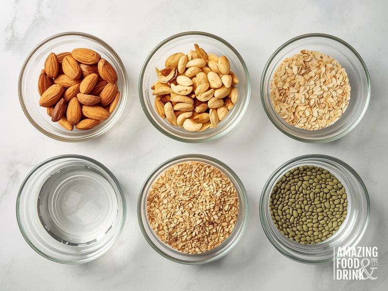 Six glass bowls showing almonds, cashews, oats, rice, hemp seeds, and sunflower seeds in various stages of soaking for plant-based milk preparation
