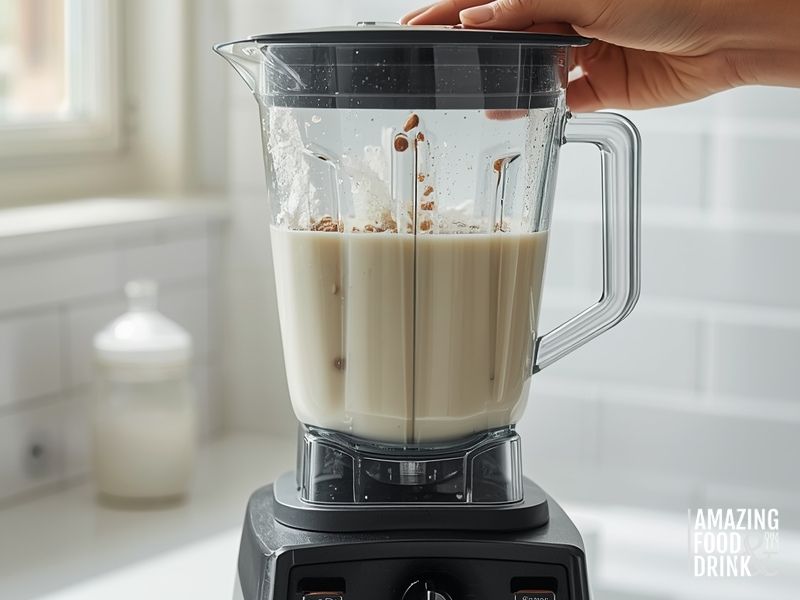 High-powered blender in action making homemade almond milk showing creamy white liquid and blending motion