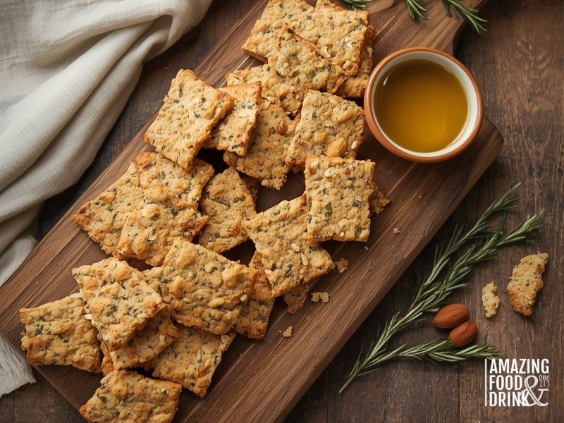 Homemade crackers made from leftover almond milk pulp with herbs, arranged on wooden board showing crispy texture and golden edges