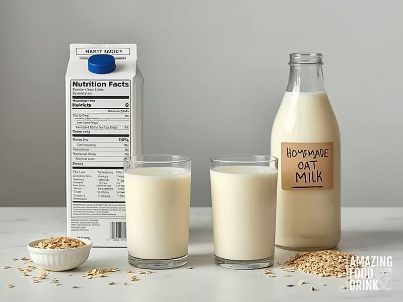 Comparison of shop-bought fortified oat milk in carton versus homemade oat milk in glass bottle, both with filled glasses and raw oats