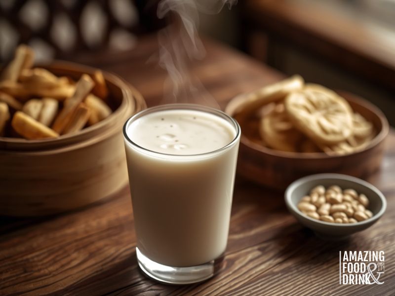 Traditional Chinese breakfast setting with fresh soy milk (doujiang) and soybeans, showing the ancient cultural origins of plant-based milk