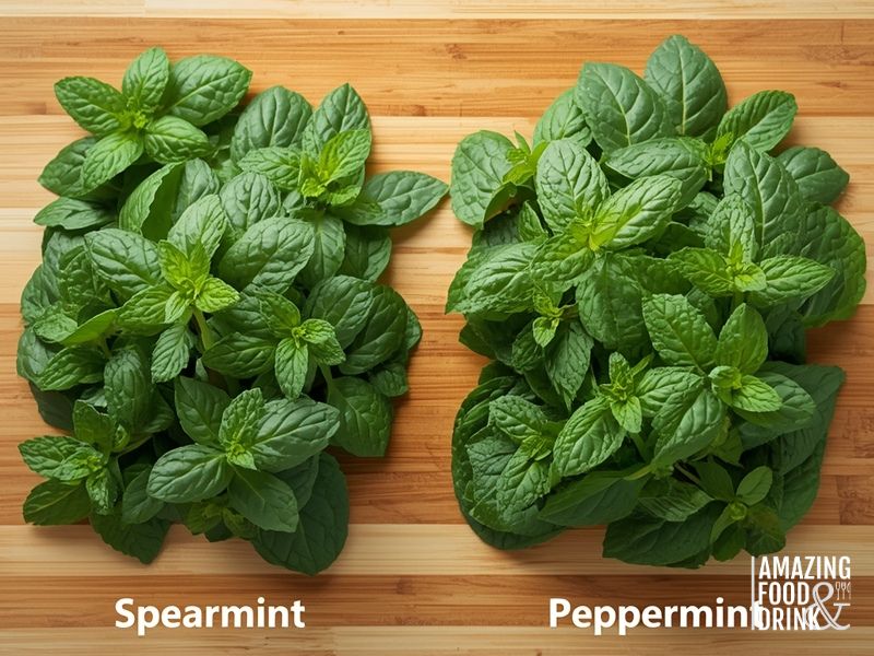 Fresh spearmint and peppermint leaves comparison showing different mint varieties for cucumber drinks