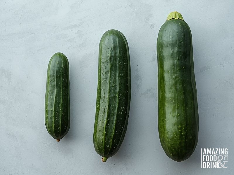 Three cucumber varieties for drinks: Persian, English hothouse, and garden cucumbers showing size and skin differences