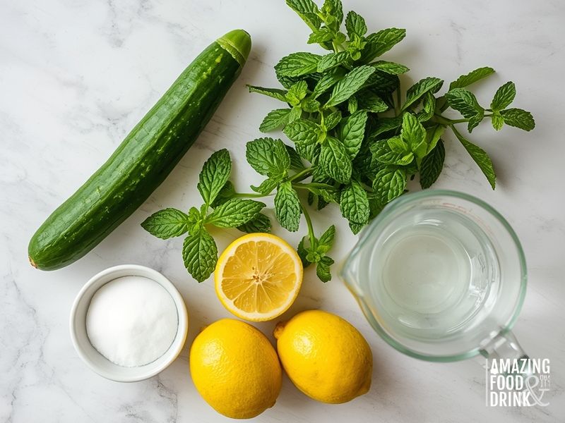 Ingredients for cucumber mint drink including cucumber, fresh mint, lemons, sugar and water arranged on marble surface