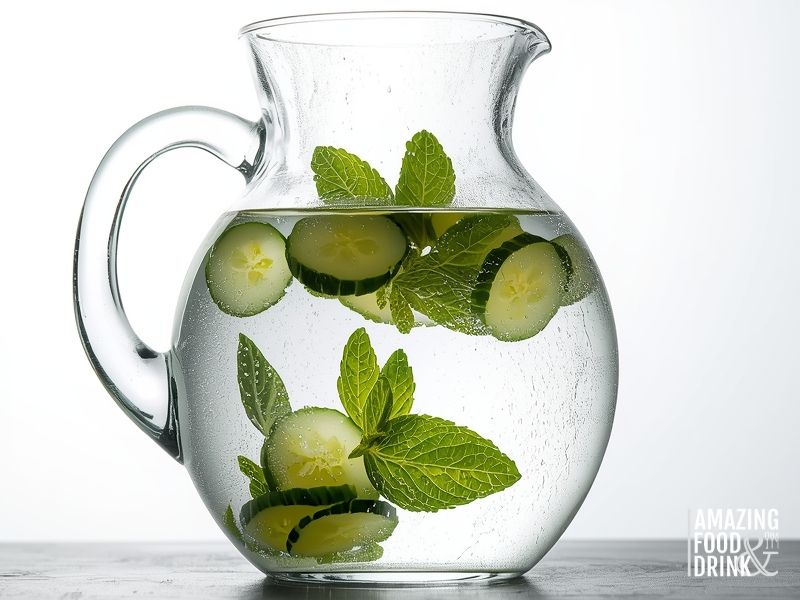 Glass jug of cucumber mint infusion water showing sliced cucumbers and mint leaves steeping