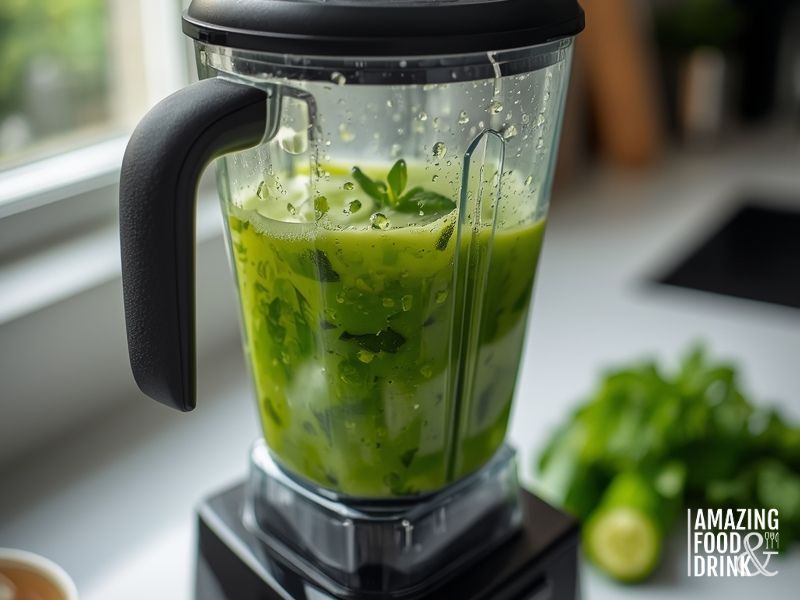Blender with smooth green cucumber mint agua fresca mixture ready for straining