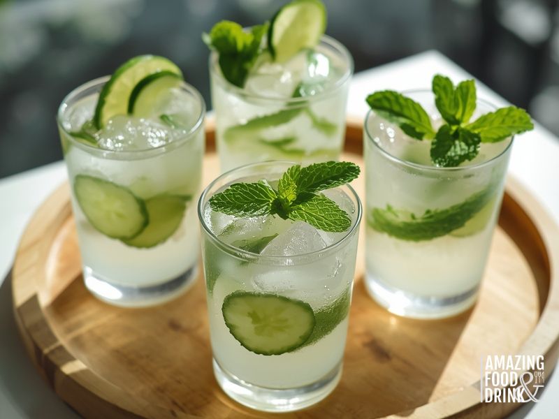 Cucumber mint agua fresca served in glasses with fresh garnishes on wooden tray