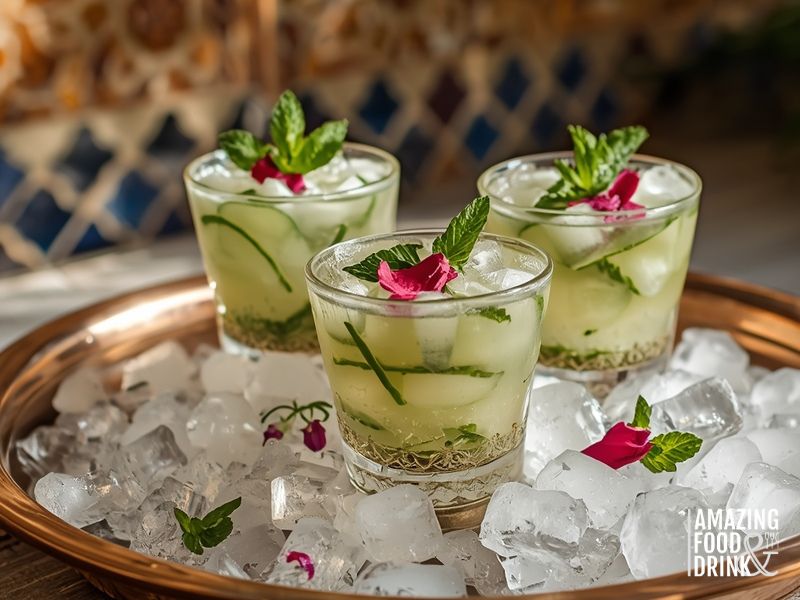 Traditional Middle Eastern sekanjabin cucumber mint drink in decorative glasses with rose water garnish