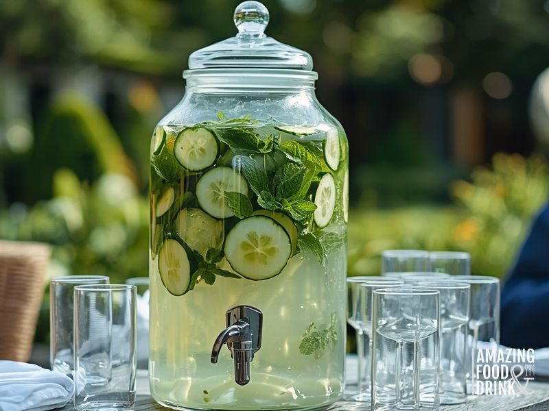 Glass beverage dispenser filled with cucumber mint drink for easy party serving