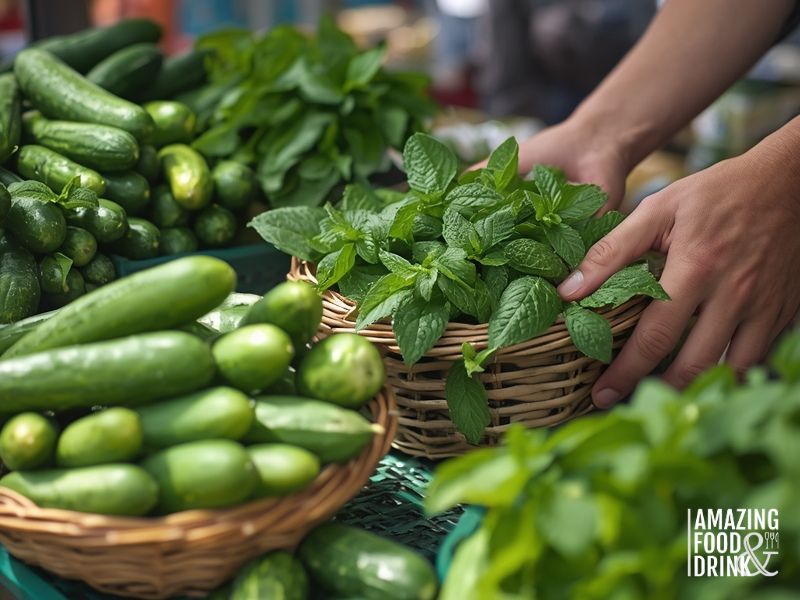 Fresh seasonal cucumbers and mint at farmer's market for authentic cucumber mint drinks