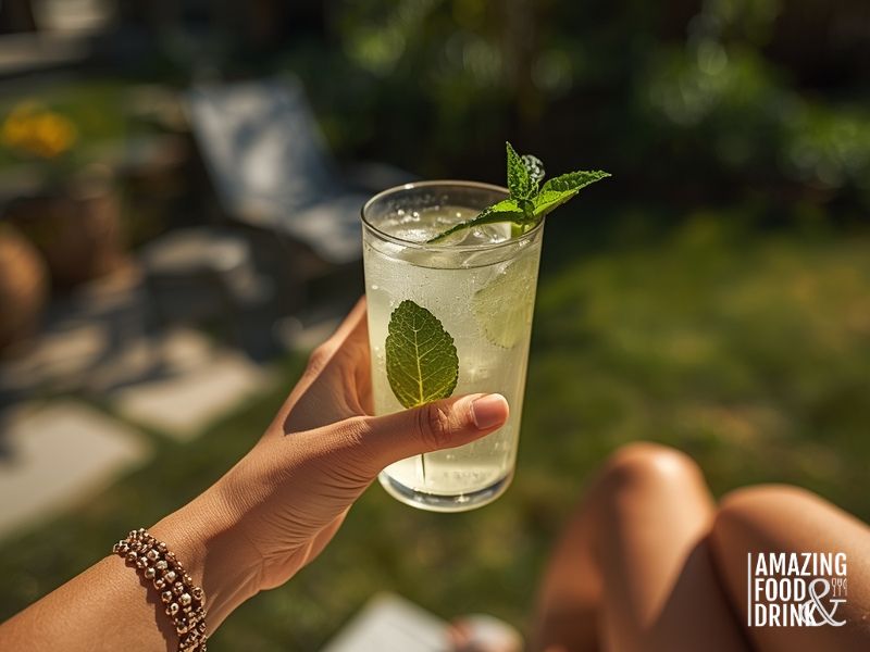 Hand holding refreshing cucumber mint drink on sunny summer day outdoors