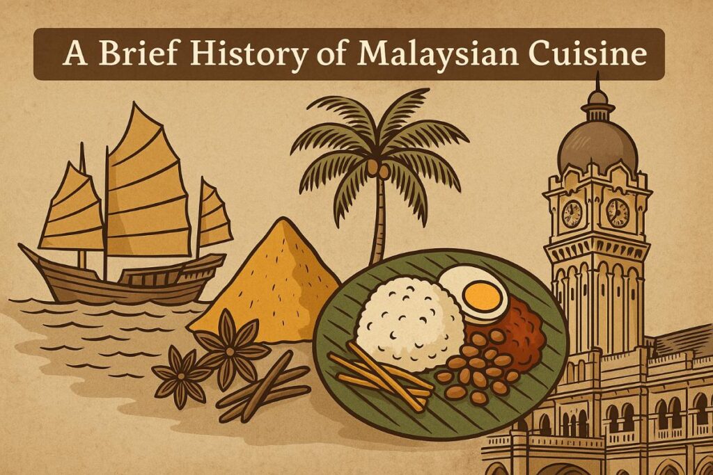 Illustration depicting the historical influences on Malaysian cuisine, featuring a Chinese junk ship, traditional spices, local dishes, and colonial architecture
