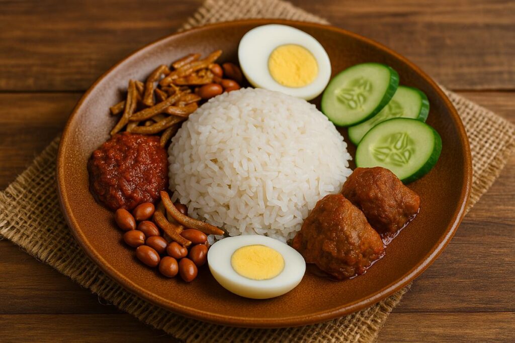 A traditional Malaysian Nasi Lemak dish with coconut rice, sambal, fried anchovies, peanuts, boiled egg, and cucumber on a rustic wooden table