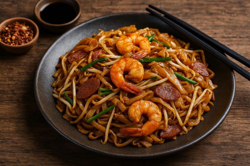 A plate of Malaysian Char Kway Teow with prawns, Chinese sausage, bean sprouts, and chives on a dark ceramic dish with chopsticks and condiments.