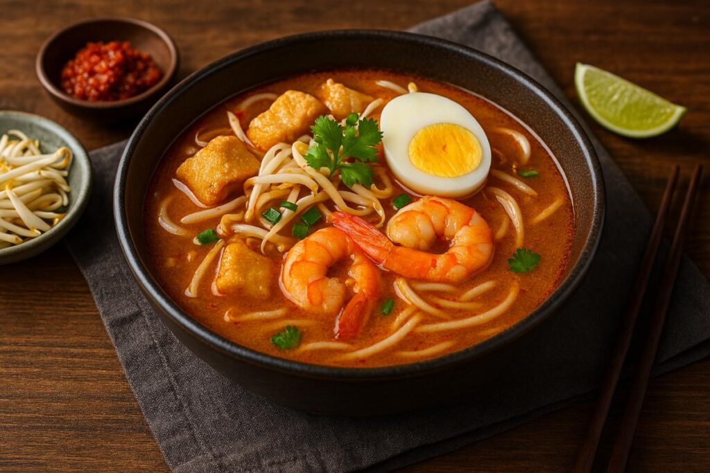 A bowl of Malaysian laksa with spicy coconut broth, prawns, tofu, boiled egg, bean sprouts, and fresh herbs, served with lime and chilli paste