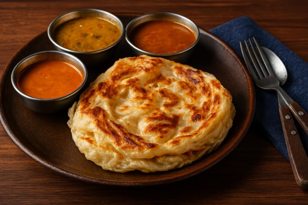 A serving of Malaysian Roti Canai with crispy, flaky layers, accompanied by dhal curry, red curry, and orange dipping sauces on a rustic ceramic plate
