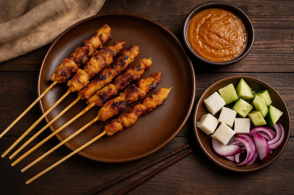 Malaysian chicken satay skewers served with peanut sauce, rice cakes, cucumber slices, and red onion on a rustic wooden table