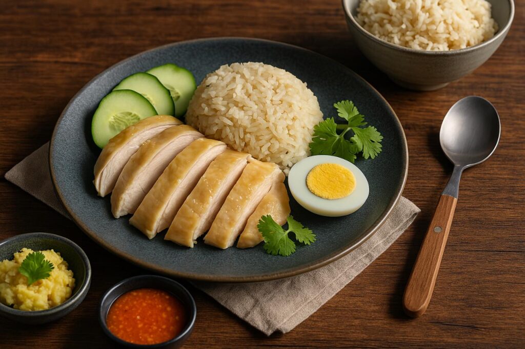 A plate of Hainanese Chicken Rice with poached chicken, cucumber, fragrant rice, and dipping sauces, served on a rustic wooden table