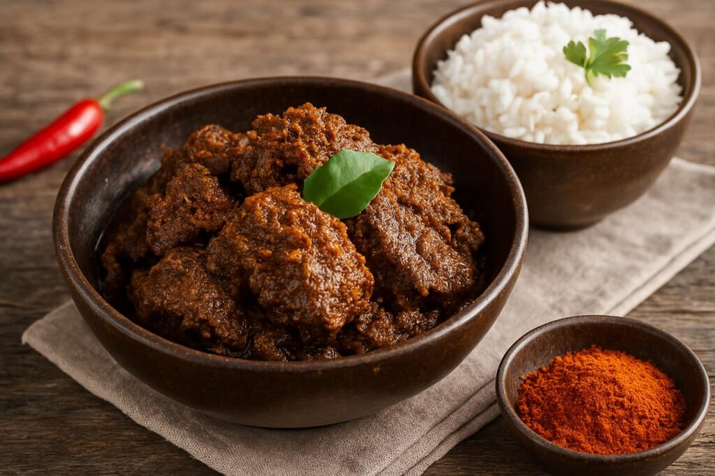 Malaysian beef rendang served in a dark bowl with rich spiced gravy, accompanied by white rice, chili powder, and garnishes on a rustic wooden table