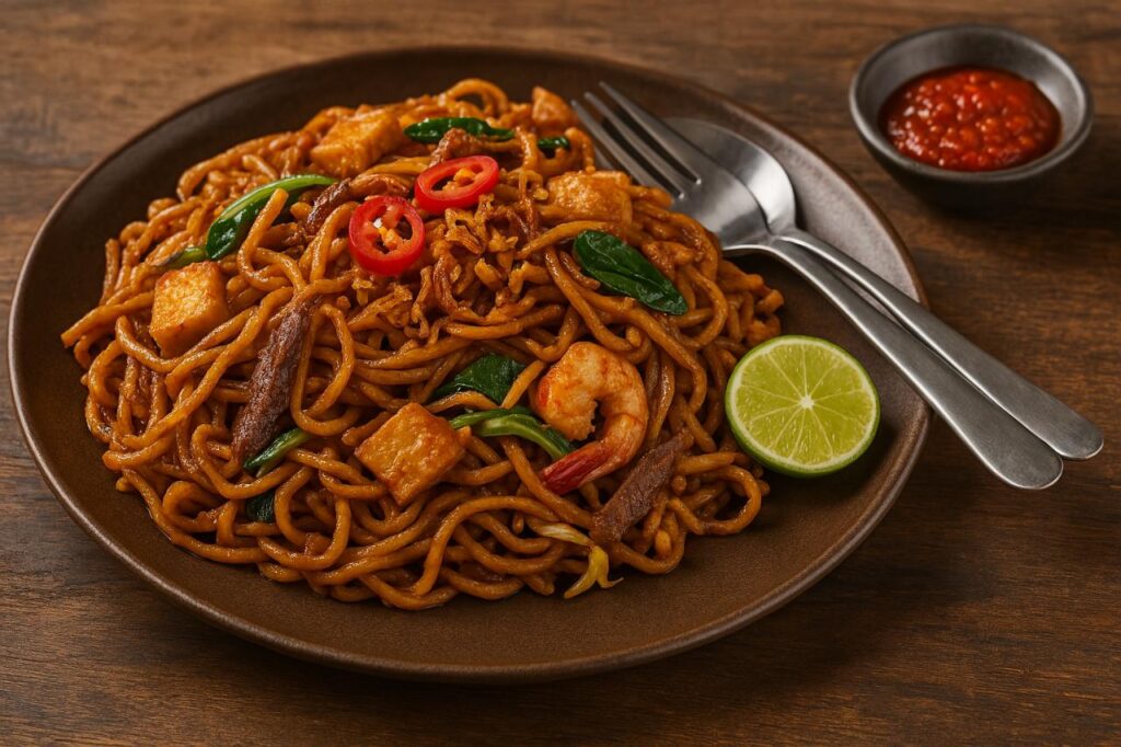 A plate of Malaysian Mee Goreng Mamak with spicy fried egg noodles, tofu, egg strips, bean sprouts, and lime wedge, served with chili sauce