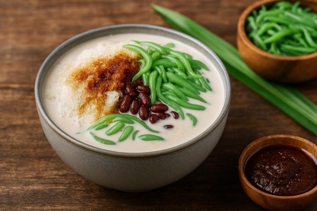 A bowl of Malaysian cendol dessert with shaved ice, coconut milk, pandan jelly, red beans, and palm sugar syrup on a rustic wooden surface
