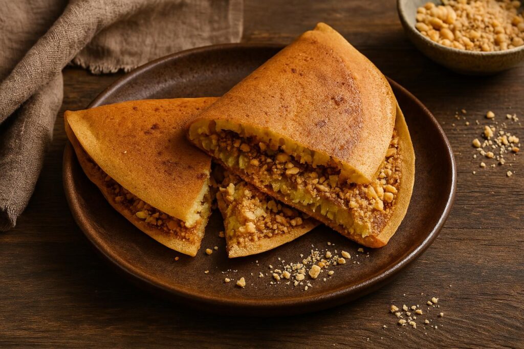 A golden-brown Malaysian Apam Balik folded pancake filled with crushed peanuts, sugar, and sweetcorn, served on a dark ceramic plate with rustic wooden background
