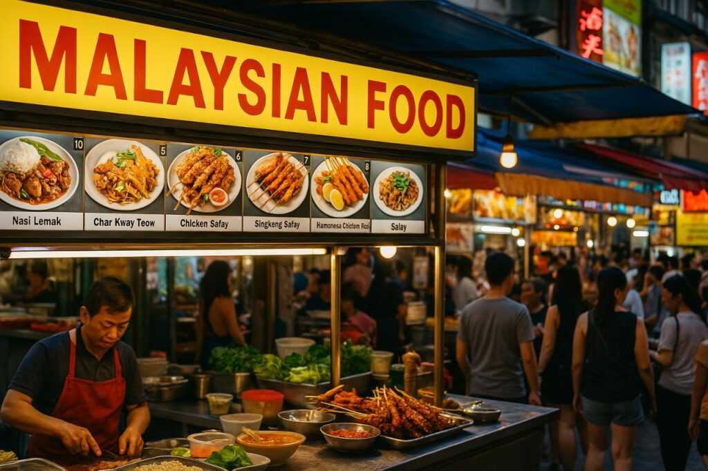 A bustling Malaysian night market with a food stall displaying a ‘Malaysian Food’ sign, vendor cooking under warm lights, and crowds exploring local street food