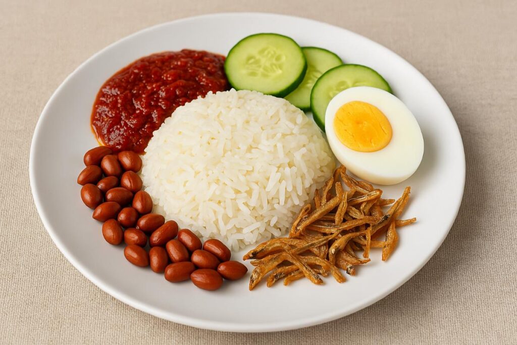 A traditional plate of Nasi Lemak featuring coconut rice, sambal, boiled egg, cucumber slices, fried anchovies, and peanuts, served on a white plate.