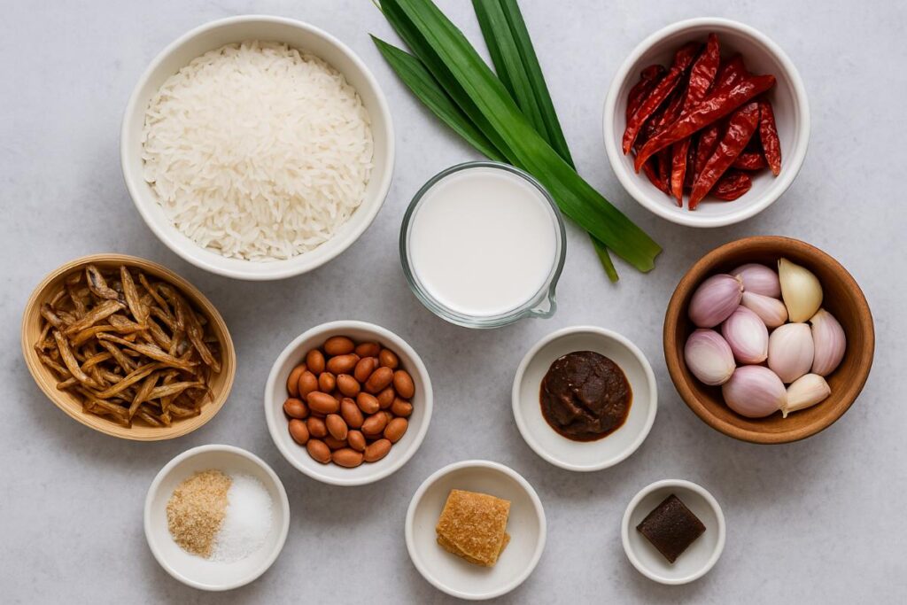 Ingredients for Nasi Lemak displayed on a countertop, including jasmine rice, coconut milk, pandan leaves, dried chillies, anchovies, peanuts, shallots, garlic, tamarind paste, palm sugar, and belacan in small bowls.