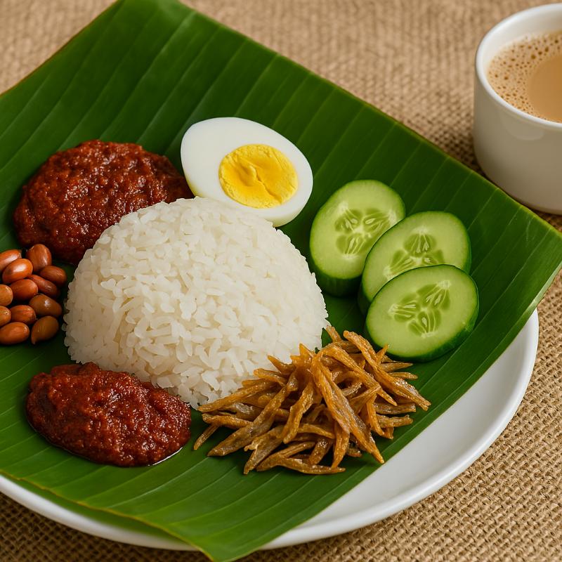 Nasi Lemak served on a banana leaf with coconut rice, sambal, boiled egg, cucumber slices, fried anchovies, peanuts, and a glass of Teh Tarik on a rustic burlap background.
