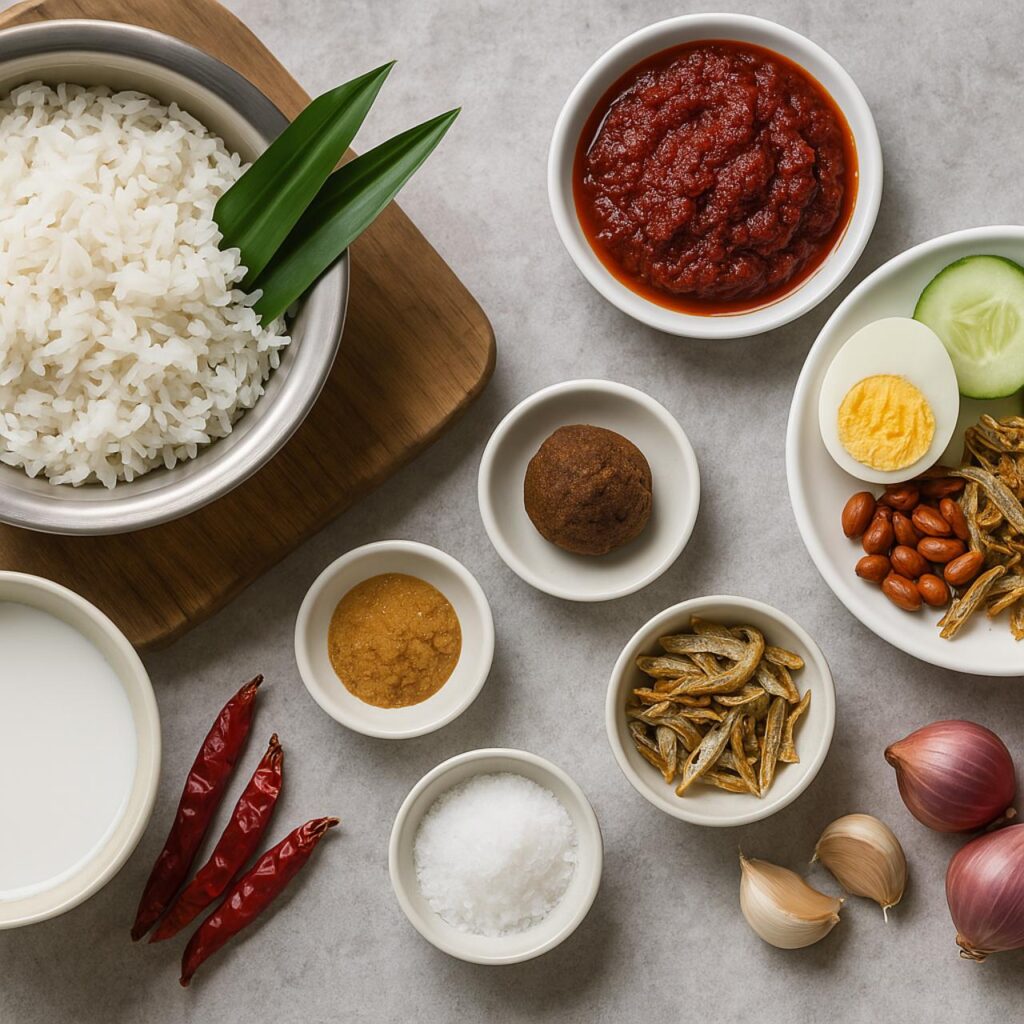 Overhead view of Nasi Lemak components and ingredients arranged on a grey surface, including coconut rice with pandan leaves, sambal, boiled egg, cucumber, anchovies, peanuts, coconut milk, chillies, and aromatics.