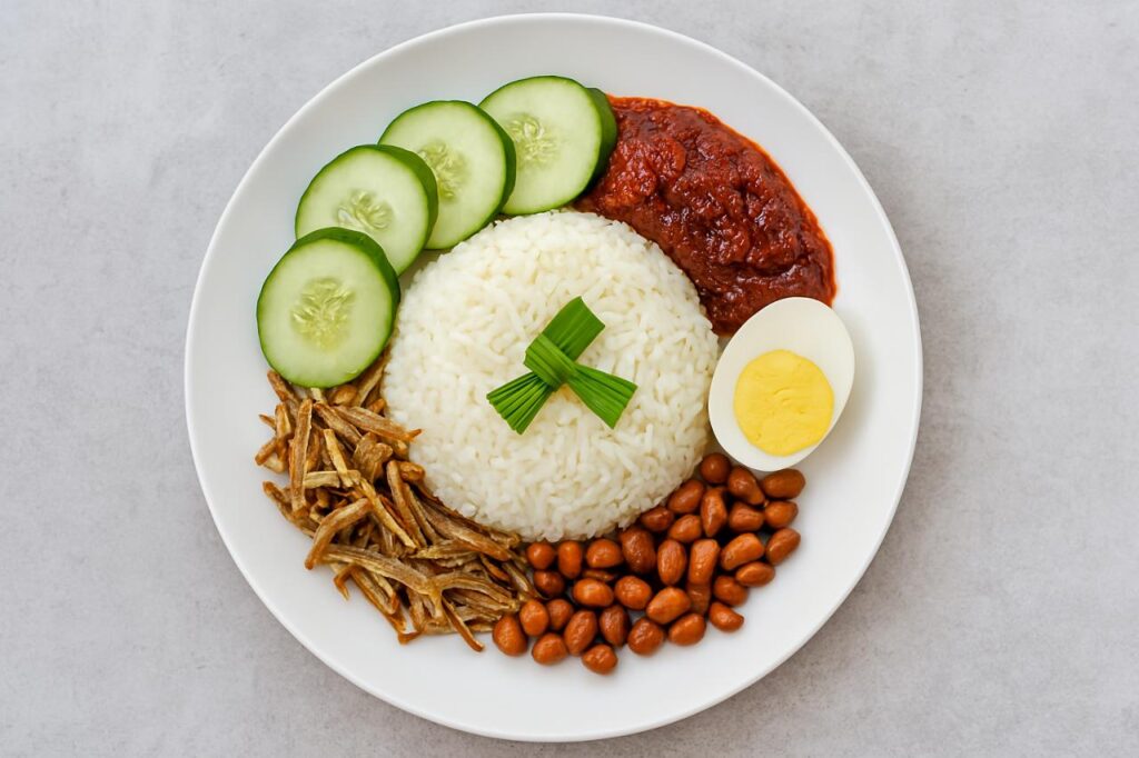 Traditional Malaysian Nasi Lemak served on a white plate with coconut rice, sambal, boiled egg, cucumber slices, fried anchovies, and peanuts, arranged on a neutral grey background.