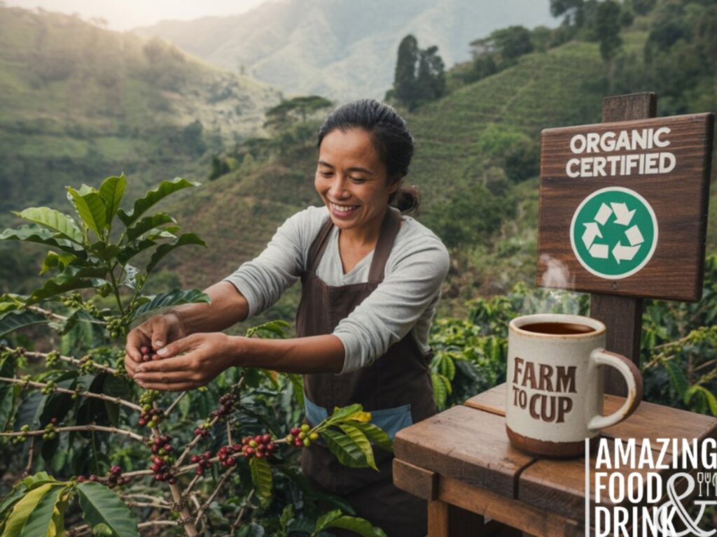 A photograph of a lush, vibrant coffee plantation nestled in a rolling hillside. A farmer, smiling warmly, gently harvests ripe coffee cherries from shade-grown plants, with a clearly visible "Organic Certified" badge displayed on a nearby wooden sign. Scattered around the plantation are subtly placed recycling symbols and a rustic wooden table displaying freshly brewed coffee in a ceramic mug with "Farm to Cup" etched into the side. Soft, diffused sunlight filters through the canopy of trees, casting a warm, earthy glow across the scene.