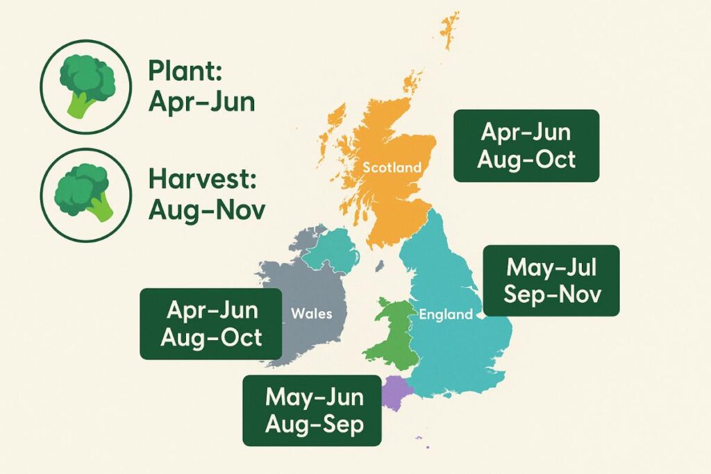 "Map of UK regions with planting and harvesting timelines for broccoli shown for different areas"