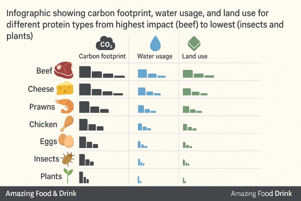 Infographic showing carbon footprint, water usage, and land use for different protein types from highest impact (beef) to lowest (insects and plants